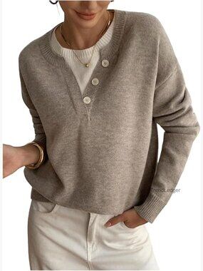 Oversized Button Front Pullover Sweater Long Sleeve Crew Neck Knitted Top